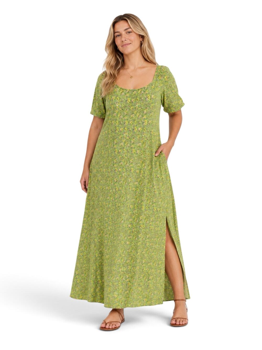 Asos Women's Floral Square Neck Maxi Dress 14 Green Micro Floral Short Sleeve